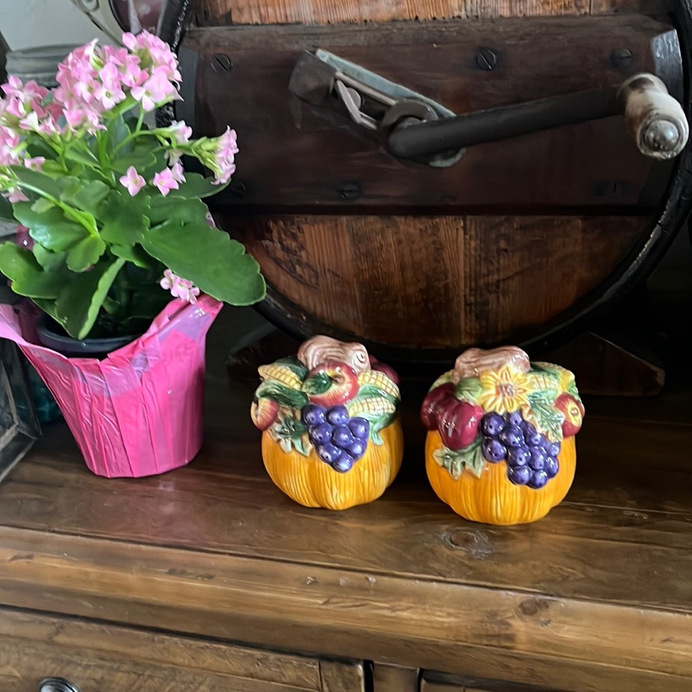 Pumpkin topped with fruit salt and pepper shaker